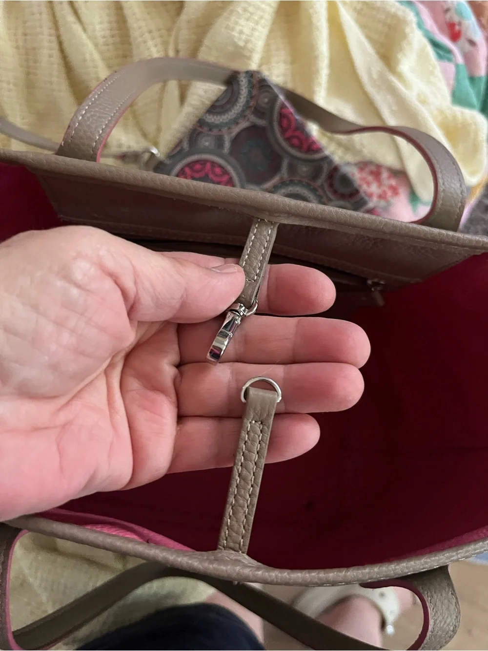 LODIS Bliss Taupe/Tan/Brown Pebbled Leather Tote, Pink Trim, approx 17”wx12”h